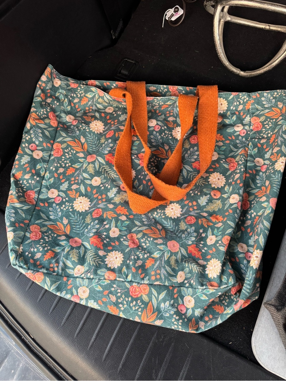 Floral Canvas Tote Bag with Orange Handles